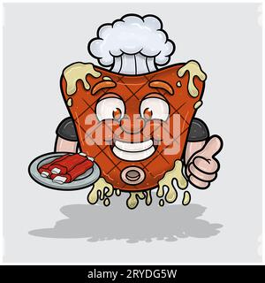 Mascotte Cartoon of Meat Steak con Meat in Plate e Happy Face. Per cibo, carne, barbeque e logo di manzo. Illustrazioni vettoriali Illustrazione Vettoriale