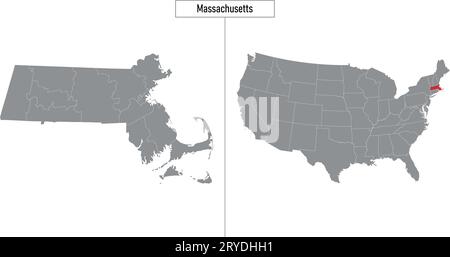 Semplice mappa dello stato del Massachusetts degli Stati Uniti e posizione sulla mappa degli Stati Uniti Illustrazione Vettoriale