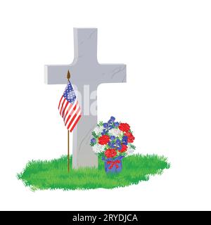 Una lapide di marmo bianco a forma di croce sull'erba verde. Un bouquet di fiori bianchi, blu e rossi. Il Memorial Day, la tomba è decorata Illustrazione Vettoriale