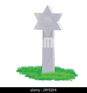 Cartoon grave. Una lapide commemorativa a forma di stella di David realizzata in marmo grigio su un prato verde. Illustrazione vettoriale del cimitero. Illustrazione Vettoriale