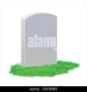 Una lapide in marmo grigio e un prato verde su sfondo bianco. Illustrazione vettoriale di un cimitero. Illustrazione Vettoriale