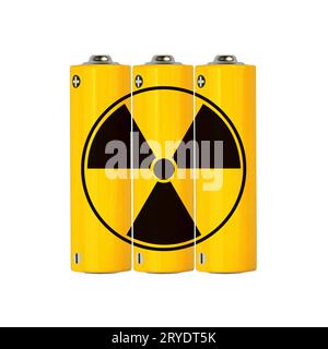 Batterie alcaline AA gialle con segnale radioattivo Foto Stock