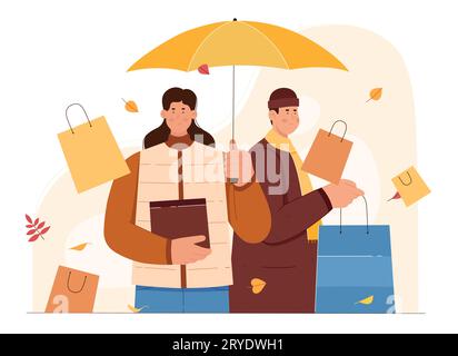 Vendite autunnali nell'illustrazione vettoriale del negozio. Cartoni animati clienti felici in abiti caldi che mostrano i pollici in alto, con borse per la spesa per l'acquisto di regali con sconti per le vacanze, persone in vendita nei negozi di moda Illustrazione Vettoriale