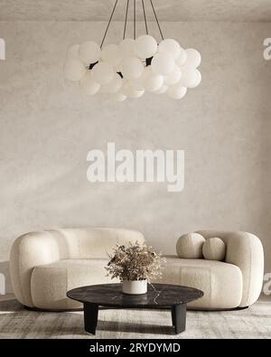 Salotto classico beige con pianta secca e grande sfondo con lampada. Vista moderna e luminosa della natura giapponese. mock-up del rendering 3d. Illustrazione 3d di alta qualità Foto Stock