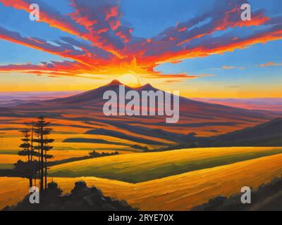 Il tranquillo tramonto è un pezzo affascinante che celebra la maestosità e la tranquillità del mondo naturale. Arte paesaggistica" Illustrazione Vettoriale