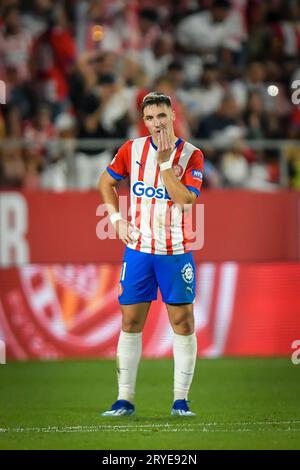 Girona, Spagna. 30 settembre 2023. Valery (Girona FC) durante una partita di la Liga EA Sports tra Girona FC e Real Madrid all'Estadio Municipal de Montilivi, a Girona, Spagna, il 30 settembre 2023. (Foto/Felipe Mondino) credito: Agenzia fotografica indipendente/Alamy Live News Foto Stock