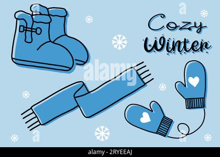 Set di accessori per il caldo inverno, stivali ciabatte in pelle scamosciata con pelliccia, sciarpa e guanti, illustrazione vettoriale piatta Illustrazione Vettoriale