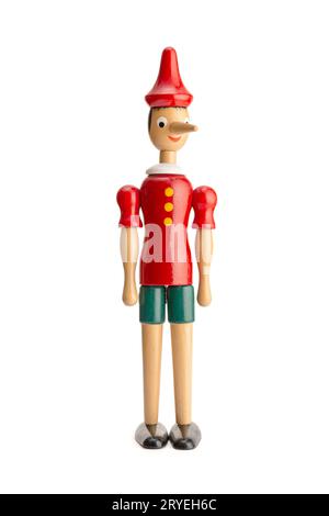 Pupazzo di Pinocchio isolato su sfondo bianco Foto Stock