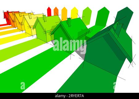 Sette case certificate in sette classi energetiche nel diagramma di valutazione energetica Foto Stock