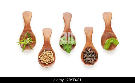 Set di cucchiai con spezie diverse ed erbe culinarie isolate su sfondo bianco. Vista dall'alto Foto Stock