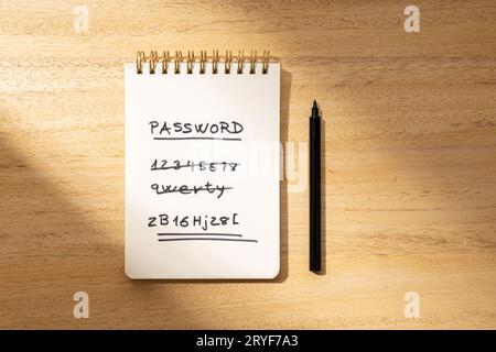 Concetto di password facile forte e debole. Testo scritto a mano su blocco note di carta isolato su scrivania di legno. Disposizione piatta Foto Stock