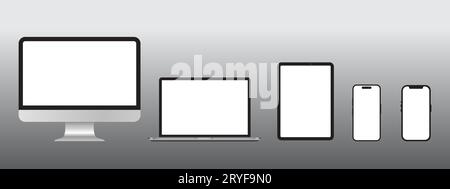 Set di modelli di computer, laptop, tablet e smartphone grigio scuro con schermo vuoto isolato su sfondo grigio Illustrazione Vettoriale