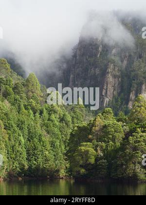 Lago Mackintosh nella costa occidentale della Tasmania una diga utilizzata per le centrali idroelettriche. Circondato da un'incantevole vegetazione endemica e antica foresta. Foto Stock