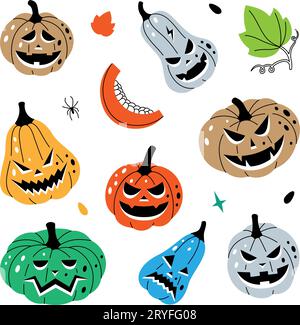 Le facce delle zucche sono impostate. Facce di zucche di Halloween. Verdure di halloween autunnali. Illustrazione vettoriale. Illustrazione Vettoriale