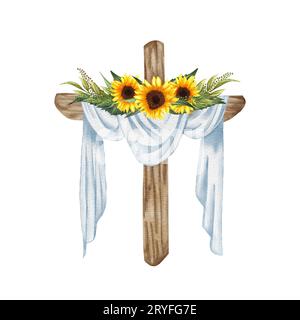 Croce floreale girasole. Illustrazione di Pasqua. Croce nuziale acquerello Foto Stock