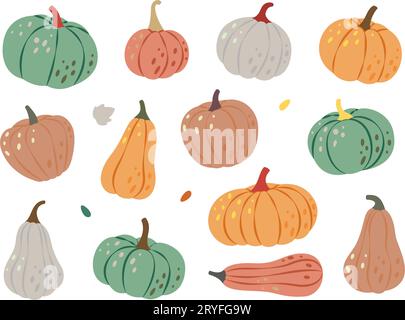 Zucche di halloween in autunno. Zucche. Zucche autunnali. Verdure di Halloween. Illustrazione vettoriale. Illustrazione Vettoriale