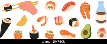 Collezione di cibi sushi. Set sushi e panini. Tobiko maki, philadelphia roll, onigiri, Shrimp nigiri, futomaki, sake temaki, ciotola di soia Illustrazione Vettoriale