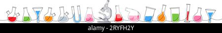 Vetreria da laboratorio, disegno continuo a colori a una linea. Matraccio conico, becher, cilindro graduato, matraccio a fondo sferico, imbuto filtrante, microscopio Illustrazione Vettoriale