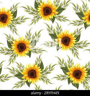 Motivo senza cuciture con girasoli su sfondo bianco. Elementi decorativi floreali della collezione. Fiori, gemme e foglie ha Foto Stock