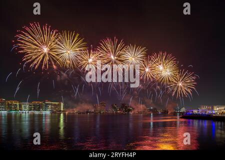 Fuochi d'artificio sopra il lago nella Baia di Yas per le celebrazioni del 50° Giubileo d'Oro della giornata Nazionale degli Emirati Arabi Uniti ad Abu Dhabi Foto Stock