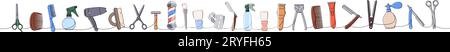 Strumenti per parrucchieri disegno continuo a colori su una linea. Asciugacapelli, spazzola per il trucco, regolacapelli, pettine, lama per rasoio, piastra per capelli, forbici Illustrazione Vettoriale