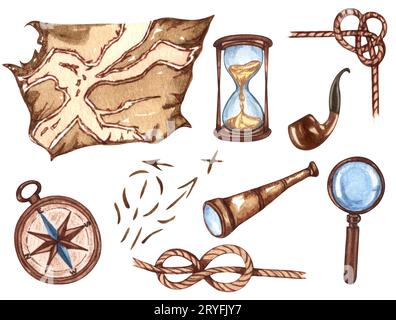 Set nautico di elementi diversi. Illustrazioni acquerello. Vetro, bussola, vecchia corda, mappa d'epoca Foto Stock