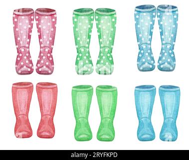 Collezione Watercolor Wellies. stampa famiglia stivali da pioggia. Isolato su bianco. autunno, autunno Foto Stock