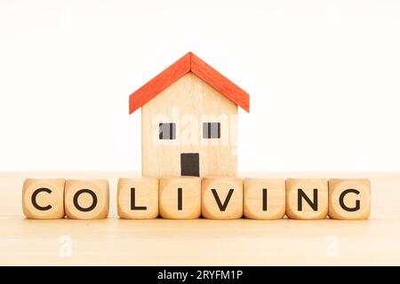 Concetto di Coliving. Economia di condivisione co-living comunitario. Blocchi di legno con testo e modello di casa Foto Stock