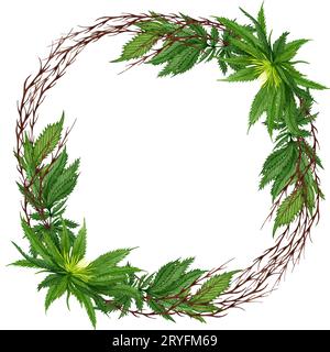 Cornice di cannabis acquerello. Corona di piante di canapa selvatica disegnata a mano per biglietti d'auguri, logo, cornice o bordo. Foto Stock