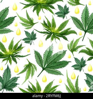 Canapa acquerello modello senza giunture. Modello disegnato a mano di canapa. Olio di cannabis sfondo bianco Foto Stock