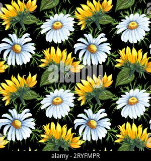 Motivo acquerello senza cuciture con girasoli e fiori di camomilla. Area di beckground disegnata a mano con fiori selvatici, perfetta per decorare Foto Stock