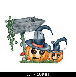 Illustrazione acquerello, zucche di Halloween indossare cappello, elementi di partito set isolato su sfondo bianco. Foto Stock