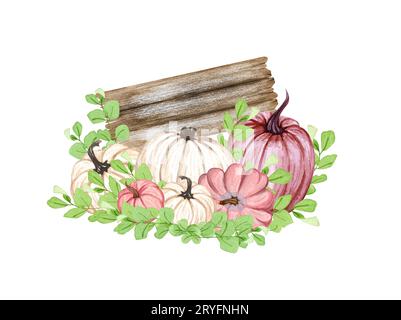 Decorazioni in cascina con zucche rosa e bianche. Illustrazione autunnale in stile casale ad acquerello. Zucche autunnali Foto Stock