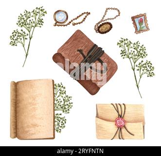 Set di carta vintage isolato su bianco. Illustrazione ad acquerello disegnata a mano libro aperto, lettere, collana, ramoscello secco, timbro. Antiquato Foto Stock