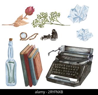 Set vintage isolato su bianco. Lavastoviglie ad acquerello disegnato a mano, lettera, collana, libri. Oggetti antichi. Scrittore Foto Stock