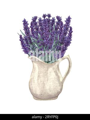 Bouquet acquerello di lavanda. Illustrazione disegnata a mano per biglietti di auguri, inviti e altri progetti di stampa. Foto Stock