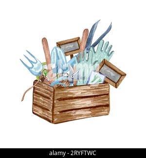 Set acquerello di oggetti da giardino. Scatola di legno con strumenti, flowerpot. Attrezzi di giardinaggio. Illustrazione del giardino di primavera Foto Stock