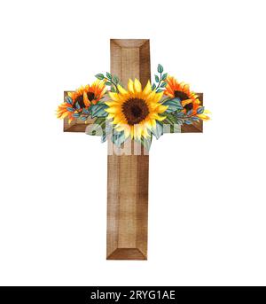 Croce floreale girasole. Illustrazione di Pasqua. Croce nuziale acquerello Foto Stock