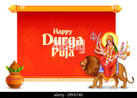 Dea Durga faccia in Happy Durga Puja Subh Navratri sfondo del festival religioso indiano Illustrazione Vettoriale