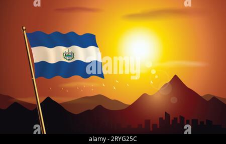 Bandiera di El Salvador con sfondo al tramonto di montagne e laghi Illustrazione Vettoriale