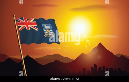 Bandiera delle Isole Falkland con sfondo al tramonto di montagne e laghi Illustrazione Vettoriale