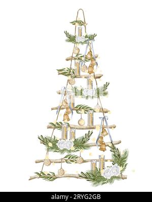 Albero di Natale moderno. Scala in legno con luci natalizie, cono di pino, firry. Illustrazione acquerello. Agriturismo albero di Natale io Foto Stock