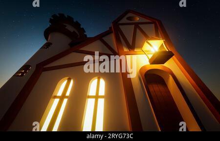 Primo piano della casa da favola nei raggi del sole che tramonta. Foto Stock