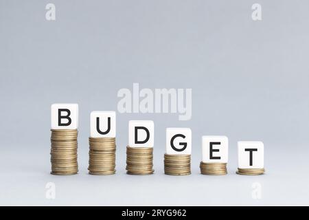 Concetto di budget limitato. Pila di monete che formano un grafico discendente con i blocchi sopra con il testo. Spazio di copia Foto Stock