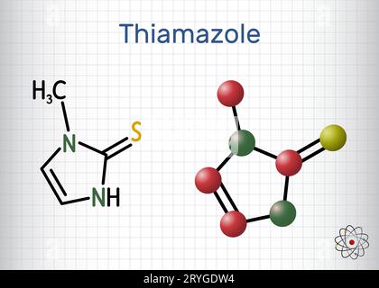 Tiamazolo, molecola di metimazolo. È un farmaco ipertiroidismo. Formula chimica strutturale e modello molecolare. Foglio di carta in gabbia. Illustrazione Vettoriale