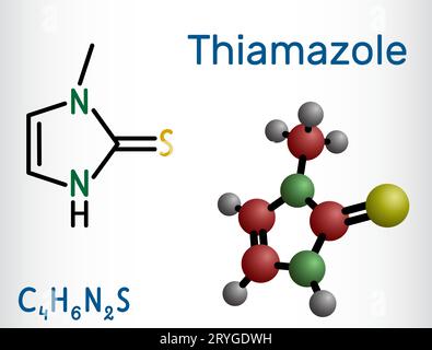 Tiamazolo, molecola di metimazolo. È un farmaco ipertiroidismo. Formula chimica strutturale e modello molecolare. Illustrazione Vettoriale