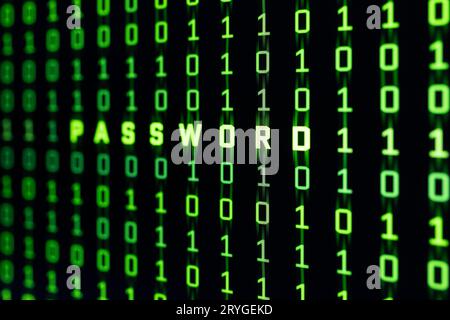 Parola chiave sullo sfondo del codice binario dello schermo di un computer Foto Stock