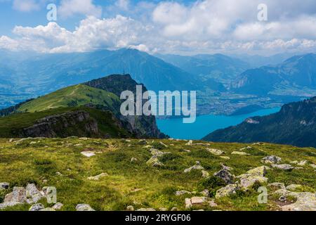 Vista dal Niederhorn sul Lago di Thun in Svizzera. Foto Stock