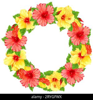 Cornice rotonda acquerello con fiori di ibisco rossi e gialli. Bordo floreale disegnato a mano con fiori e foglie tropicali. Matrimonio Foto Stock