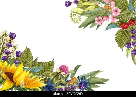 Cornice di fiori selvatici ed erbe aromatiche acquerello. Posiziona per il testo e il bordo disegnato a mano per la tua designa. Foto Stock